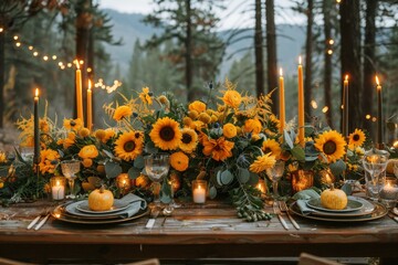 Sunflowers and festoons creating a bright and cheerful boho wedding backdrop 