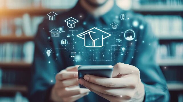 Businessman touching a virtual screen with icon of a graduation hat, briefcase and book for online education learning in the digital concept. Development learning knowledge technology. Tech background