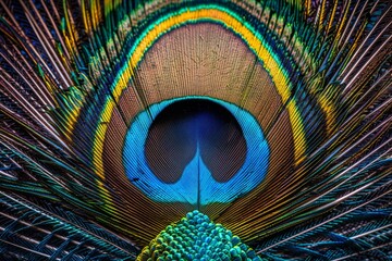 Closeup macro photography of a vibrant and colorful peacock feather with stunning details and iridescent blue and green colors. Saturated photographic quality © anatolir