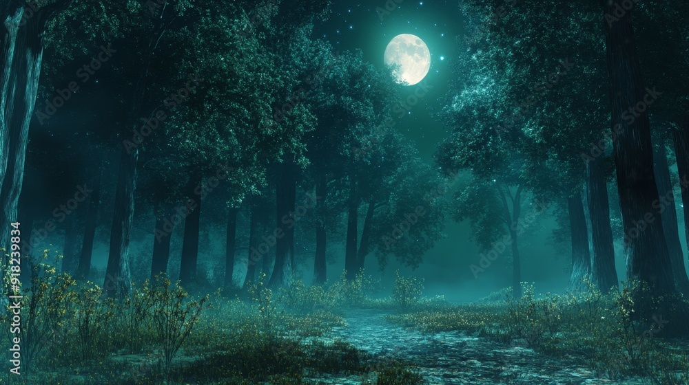 Poster enchanting moonlight path through a mystical forest - a serene path winds through a dense, moonlit f
