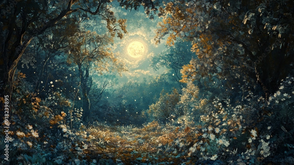 Poster enchanting moonlit forest path - a magical forest path illuminated by a full moon, surrounded by glo