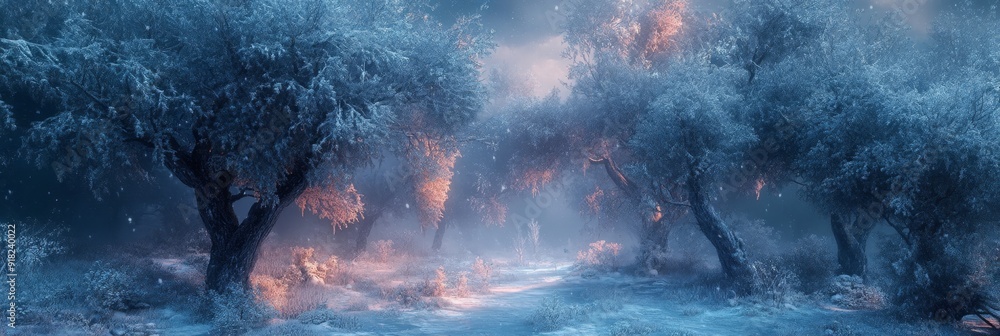 Poster enchanting winter forest path with glowing trees - a mesmerizing winter scene featuring a path windi