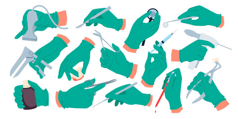 Doctors hands in blue sterile gloves holding different medical instruments set. Human arm of surgeon or dentist, nurse with hospital equipment, syringe and bottles