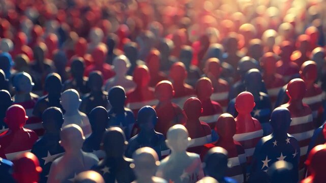 Small figures in colors of the USA flag gather together, celebrating patriotism and democracy in a sunlit setting.