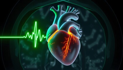 heart CT scan model hyper-realistic with intricate details central placement neon green up graph on the left medical beeping line modern medical depiction