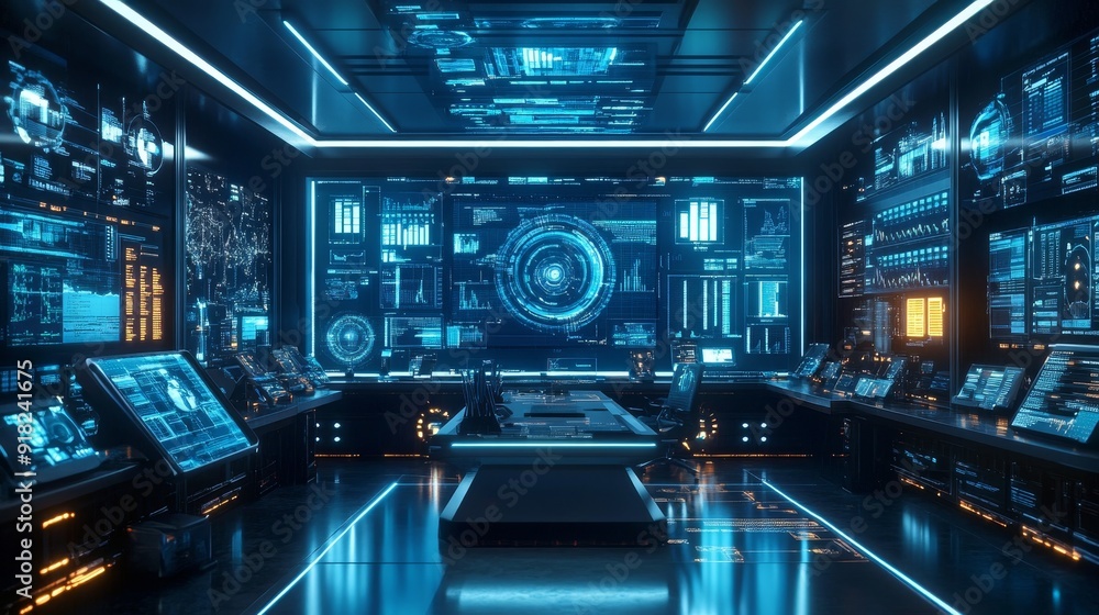 Poster futuristic control room with advanced technology and data displays - a futuristic control room with 