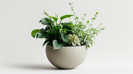Fototapeta premium Lush green houseplant arrangement featuring pothos and herbs in a minimalist beige ceramic bowl pot against a clean white studio background.