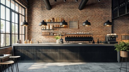 Modern cafe interior with eating tables and chairs