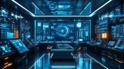 Fototapeta premium Futuristic Control Room with Advanced Technology and Data Displays - A futuristic control room with advanced technology and data displays, symbolizing innovation, control, data analysis, future techno