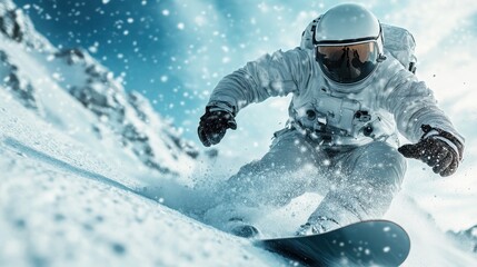 This captivating image features an astronaut snowboarding down a powdery snow-covered mountain slope, combining elements of space exploration with extreme winter sports in a thrilling scene.