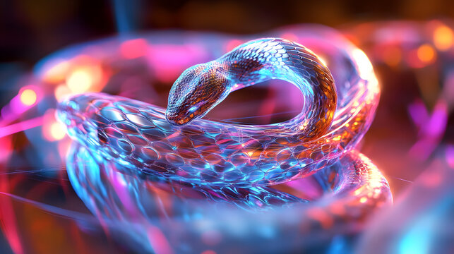 Coiled serpent with graphic lines emerging from neon vortex.