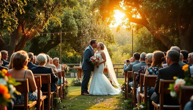 In a lush garden, a bride and groom exchange vows amid vibrant blooms and fairy lights. Confetti flutters as golden hour light adds a serene, rustic touch.







