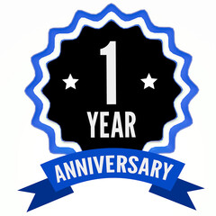 Celebrating 1 year anniversary label with blue ribbon. 3d render.