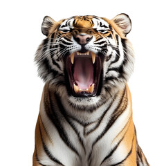 Obraz premium Powerful and Ferocious Tiger Roaring in High-Detail Portrait on white transparent background png