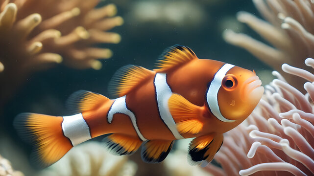 Vibrant symbiosis of Clownfish (Amphiprion ocellaris) and anemones in this stunning photo. Colorful fish swim gracefully among the protective tentacles of their anemone hosts. Generative AI.