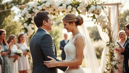 A bride and groom share a tender moment under a floral arch in a bright garden. 