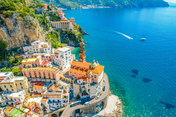 Atrani on Amalfi Coast, Italy. Aerial photo of famous city Atrani located on Amalfi Coast in Italy
