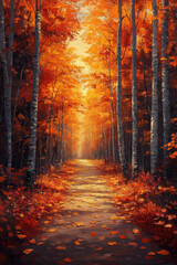 Obraz premium Path leading through autumn forest. Autumn landscape painting. Trees and shrubs in fall colors.