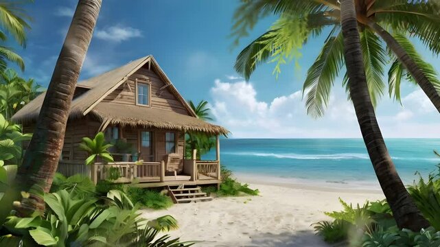 View of a simple wooden house on the beach with white sand and coconut trees. Relaxed and quiet atmosphere. Seamless 4K looping timelapse video animation generated AI