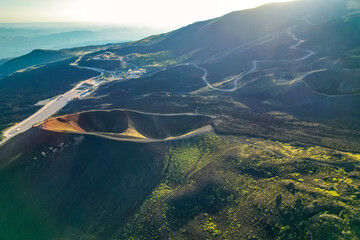 Aerial view of Etna Volcano crater  near Catania, Italy, Sicily.. Silvestri lava volcanic crater at...