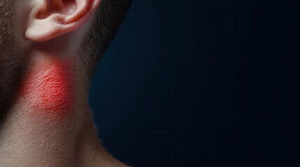 A close-up of a man's neck with a glowing red mark, symbolizing pain or tension. The dark background emphasizes the contrast.