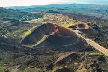 Aerial view of Etna Volcano crater  near Catania, Italy, Sicily.. Silvestri lava volcanic crater at the slopes of Mount Etna