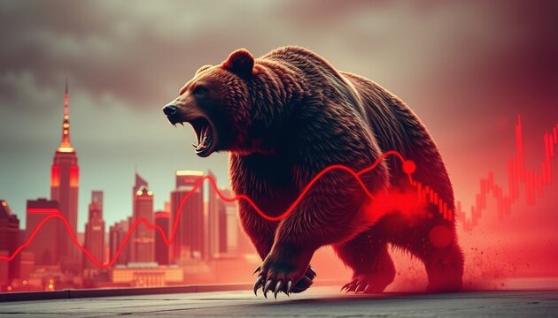 powerful bear in full charge red tones dominate city skyline and financial charts in background bear s aggressive motion highlighted by red-tinted market visuals