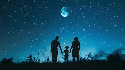Obraz premium Silhouettes of a family standing in a field under a starry night sky with a moon in the distance. Generative Ai