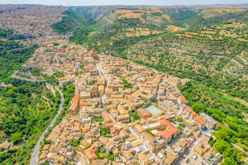 The baroque town of Ragusa Ibla in Sicily, Italy, Europe. Aerial drone photo