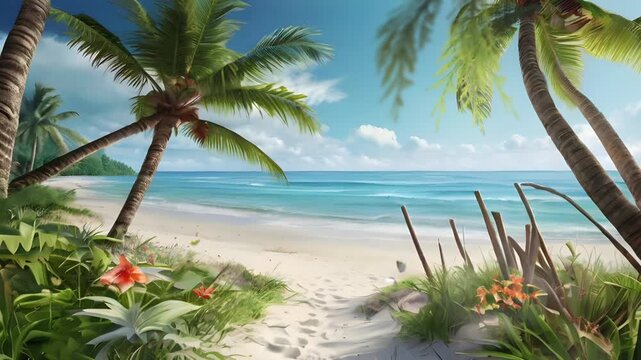 Beach view with white sand and coconut trees. Relaxing and calm atmosphere. Seamless 4K looping timelapse video animation generated AI