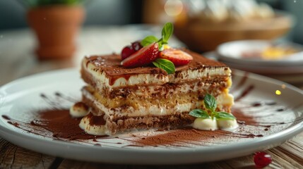 A stack of pancakes covered in a chocolate sauce, whipped cream, strawberries,