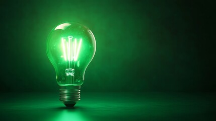 Green Lightbulb on a Green Background - Concept of Sustainability and Innovation - A single lightbulb, glowing with a vibrant green light, stands out against a dark green backdrop. This image symboliz