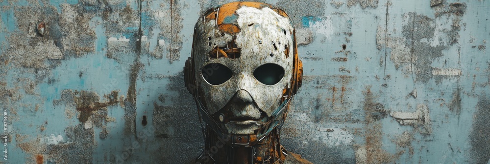 Poster grunge cyberpunk robot face mask - a close-up of a robotic face mask, with a weathered and distresse