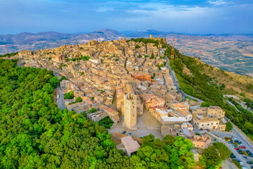 Aerial view of historic town of Erice near Trapani. Castello di Venere, Sicily, Italy.