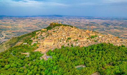Aerial view of historic town of Erice near Trapani. Castello di Venere, Sicily, Italy.