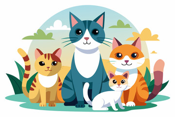 Fototapeta premium Four Cats Sitting In Grass With Green Bushes