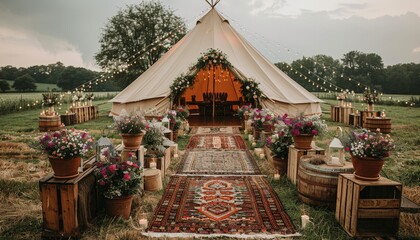 tipi decorated with fairy lights and flowers, creating a cozy and rustic wedding backdrop