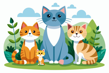 Fototapeta premium Four Cute Cats Sitting Together in a Garden Setting