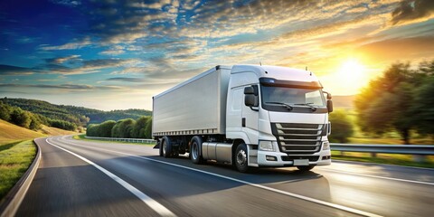 Generic truck speeding down asphalt road , transportation, vehicle, speed, road, highway, logistics, delivery, cargo