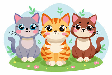 Obraz premium Three Adorable Cartoon Cats Sitting in a Grassy Meadow