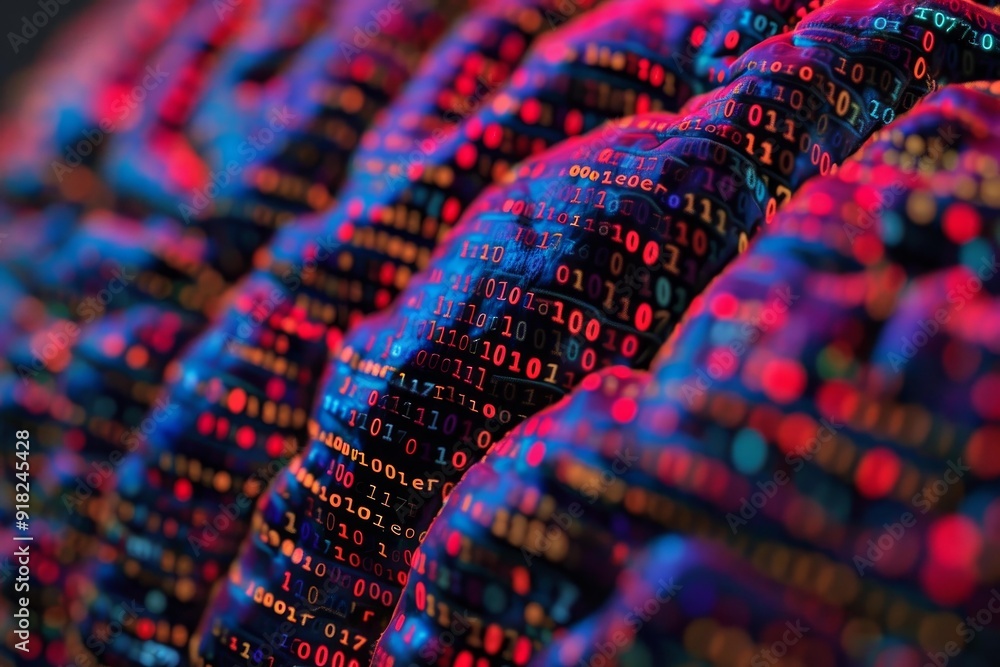 Poster closeup of vibrant binary code stream, symbolizing cybersecurity and information technology