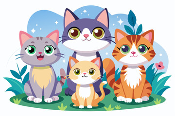 Fototapeta premium Four Cute Cartoon Cats Sitting in Grass with Flowers and Leaves