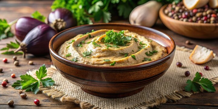 Delicious Baba Ganush (eggplant hummus) with parsley and seasonings, perfect for Eastern cuisine enthusiasts