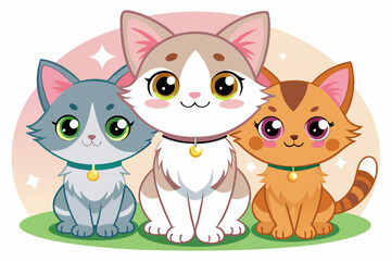 Fototapeta premium Three Cute Cartoon Cats Sitting Together