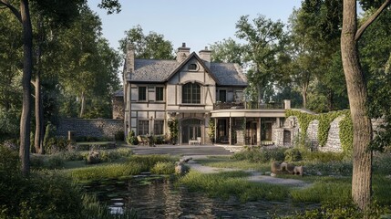 Obraz premium Luxury Home with Pond and Lush Greenery - A beautiful, modern home nestled in a lush green landscape, showcasing the beauty of nature, architectural design, and tranquility.