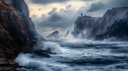 Dramatic Storm Raging on Rugged Coastal Cliffs with Crashing Waves and Moody Clouds