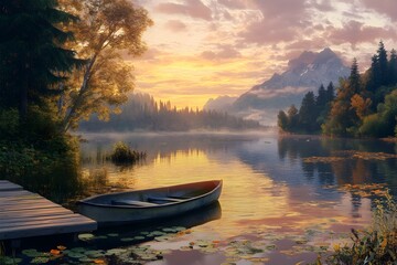 Peaceful Autumn Sunset Landscape with Boat on Serene Mountain Lake