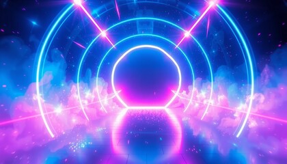 dazzling neon portal with blue and magenta hues glowing with bright energy glare and lens flares enhance the scene laser beams cut through plasma particles float in a futuri