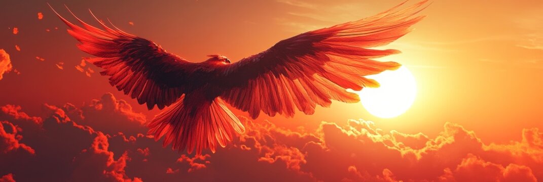 Majestic Red Hawk Soaring Towards the Sunset - A powerful red hawk soars through the sky, its wings outstretched against a vibrant sunset. The image evokes concepts of freedom, aspiration, and the bea