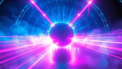electric blue and magenta portal radiating energy and light glare and lens flares add intensity laser beams crisscross plasma particles swirl creating a dynamic sci-fi sett